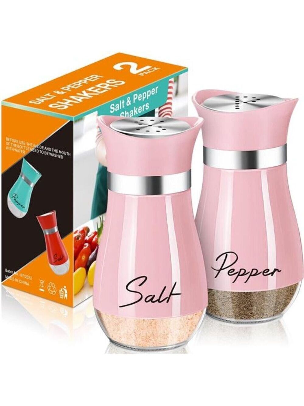 Pink Glass Salt and Pepper Shakers Set 4oz Stainless Steel Lid Farmhouse Kitchen